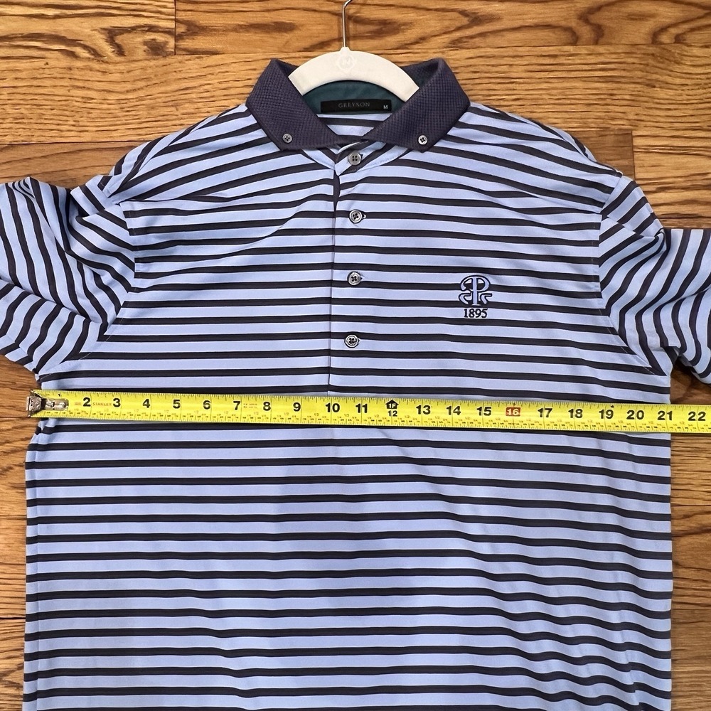 Greyson‎ Polo Shirt Mens Medium Blue Stripe Golf Performance Wolf Logo - Picture 8 of 10